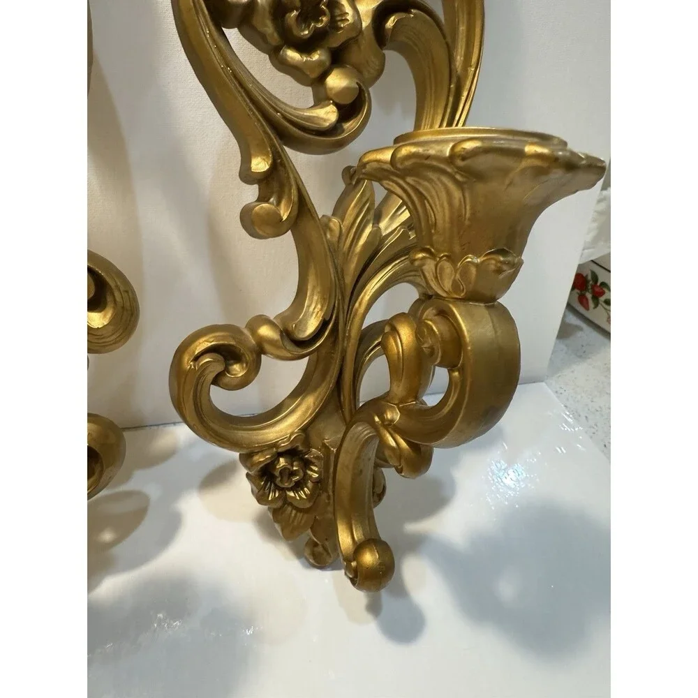 Vintage 1971 Homco Ornate Floral Scroll Wall Sconces Candle Holders Hollywood